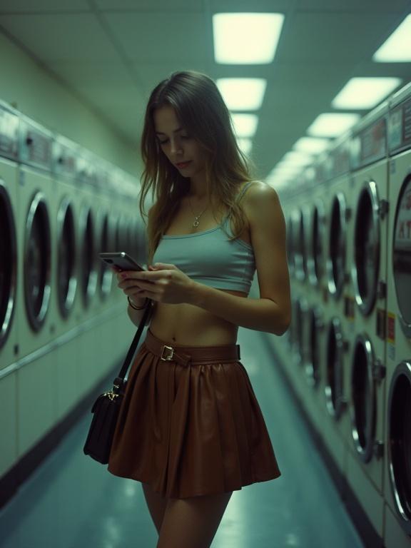 Lo-fi photograph in a laundromat at night. A woman checks her phone. She wears a crop top and pleated leather micro skirt. The image shows washing machines and is low resolution. Bright, unnatural colors.