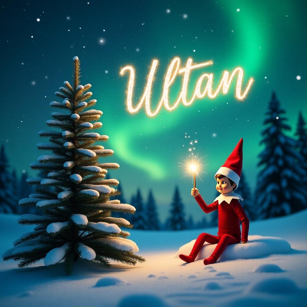 An elf on the shelf is sitting next to a big Christmas tree. Background features snow and evergreen trees. The sky displays northern lights. The elf holds a wand to write names in the sky. 'Ultan' glows above the elf in sparkling light.