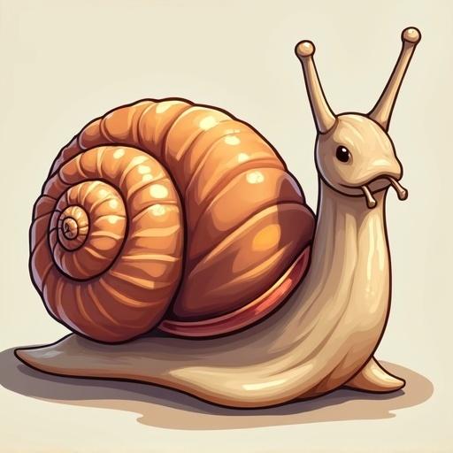 Cartoon snail with a ruby-colored shell. Snail has a warm beige body. Snail design is playful and whimsical. The illustration has vibrant colors and a friendly appearance.