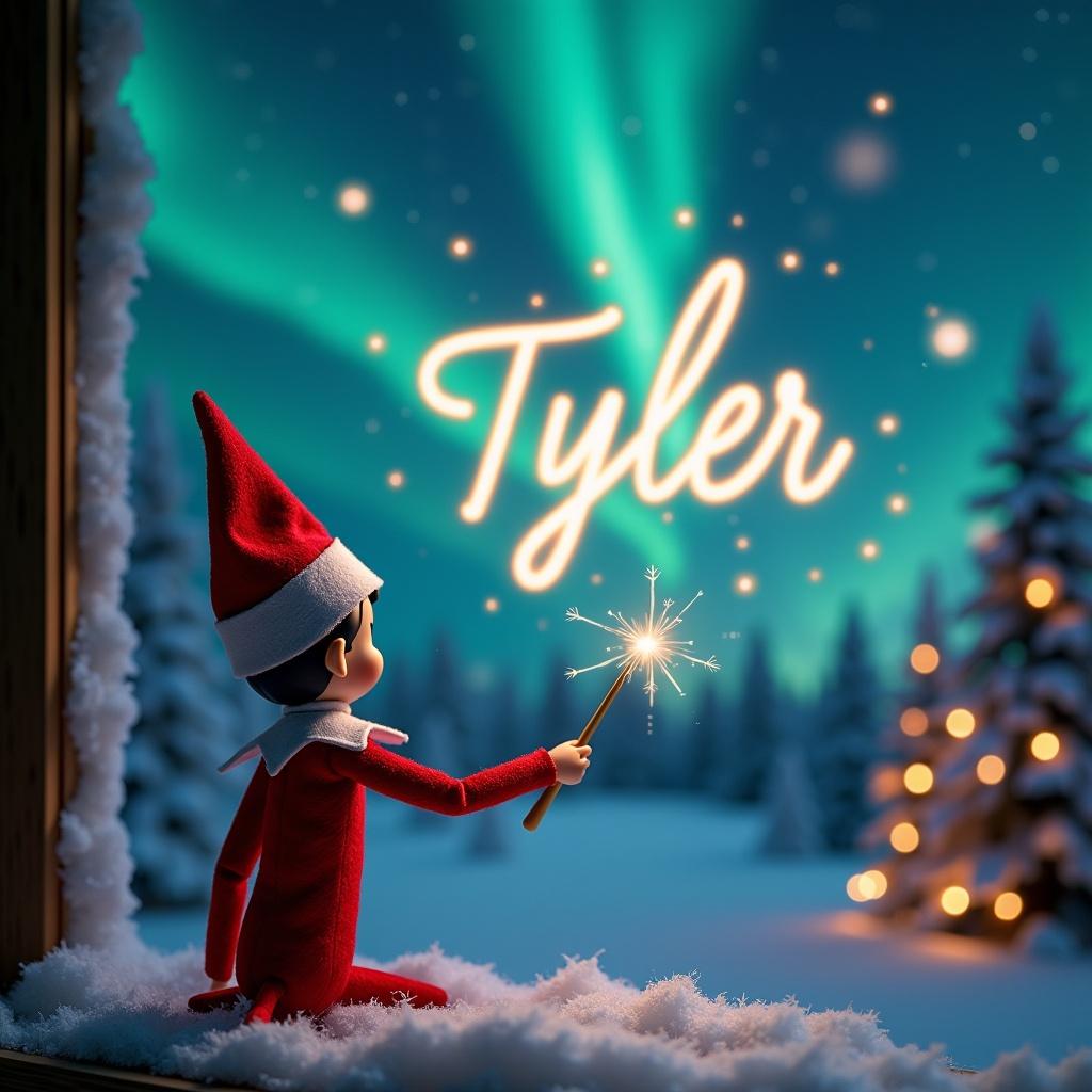 The image features an elf on the shelf with his back towards the viewer, gazing up at the sky. He is using a wand to elegantly write the name 'Tyler' in sparkling letters against the backdrop of a magical Christmas scene. The background showcases the stunning northern lights illuminating the snowy landscape. Surrounding the elf are frosty trees and a hint of festive lights, creating a warm holiday ambience. This enchanting scene captures the spirit of Christmas and the magic of childhood imagination.