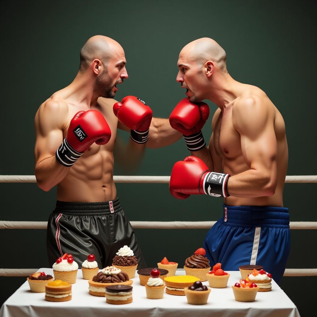 Two boxers compete in a ring. One boxer throws a jab. Another boxer retaliates with a jab. The first boxer slips the jab and pivots. A table with various desserts is in front of them.