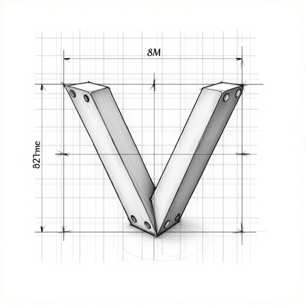 Sketch depicts a V-shaped clamp block. Dimensions include 8M and 827me. Technical style showcases precise lines and angles. Background grid highlights measurement.