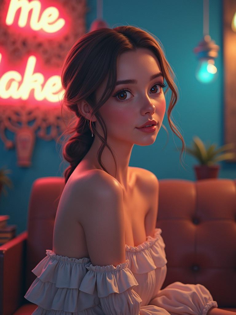 A woman with shoulder-length hair rests beside a couch. Soft light illuminates the room with a neon sign. She wears a ruffled off-shoulder top. Behind her is a blue wall and various decorative elements. The atmosphere feels warm and inviting.