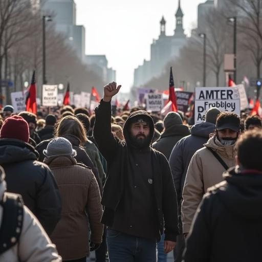 People in America participating in a march expressing dissatisfaction with authorities. Scenes captured from the march with a focus on the crowd and protest signs.