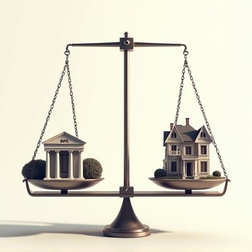 Digital illustration of a balanced scale with a bank building on the left and a large Victorian house on the right. Both pans are level. Chains on the house side are strained, while the bank's chains are loose. Large shadows under the house, small under the bank. A scale indicator leans toward the house. Label at bottom: 'Weight Discrepancy: REAL ESTATE > BANK'. Minimalist background with gradients.
