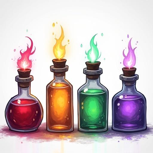 Icons of 4 colorful magic potions for a card game. Potions with flames on top. Each potion is a different color. The style is influenced by World of Warcraft. Transparent background.