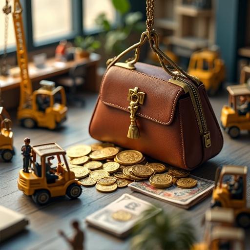 Detailed isometric diorama depicts office scene. Large purse filled with cash at center. Miniature figures operate cranes and forklifts around purse. Egyptian currency and gold coins scattered nearby. Dramatic lighting enhances depth and realism.