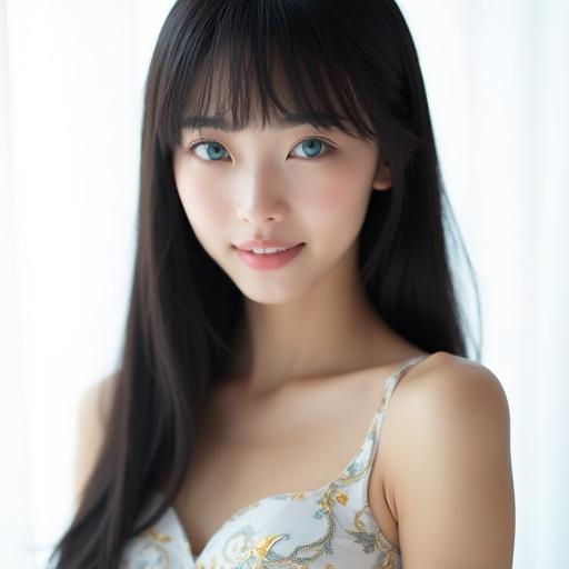 Portrait of a beautiful 20-year-old woman with long straight black hair and full bangs. She has intricately detailed aqua blue eyes and a playful expression. Wearing a china dress, high brightness white background. Focus on soft skin texture and vivid colors.