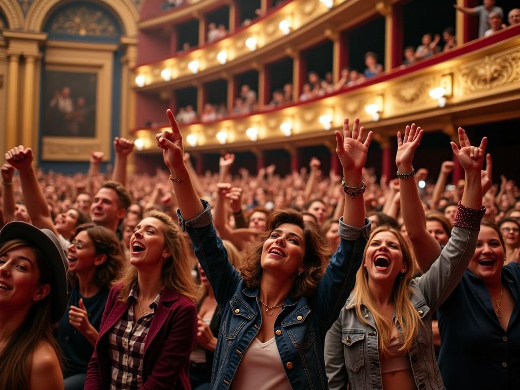 This image captures a vibrant crowd at a concert in a grand venue. The audience is enthusiastic, with many people raising their hands in excitement, showing various hand gestures like rock on. The atmosphere is electric, filled with energy and cheers from fans enjoying the live music. The attendees display a mix of vintage and modern clothing, with many wearing denim, plaid shirts, and accessories like hats and bandanas. In the background, you can see the grandeur of the theater with its opulent decorations and an upper balcony filled with more cheering fans.