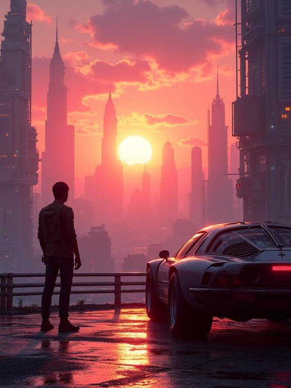 Futuristic cityscape at sunset with a lone character silhouette overlooking. Detailed sci-fi vehicle parked nearby. The scene showcases cinematic lighting and vivid colors typical of cyberpunk aesthetics.