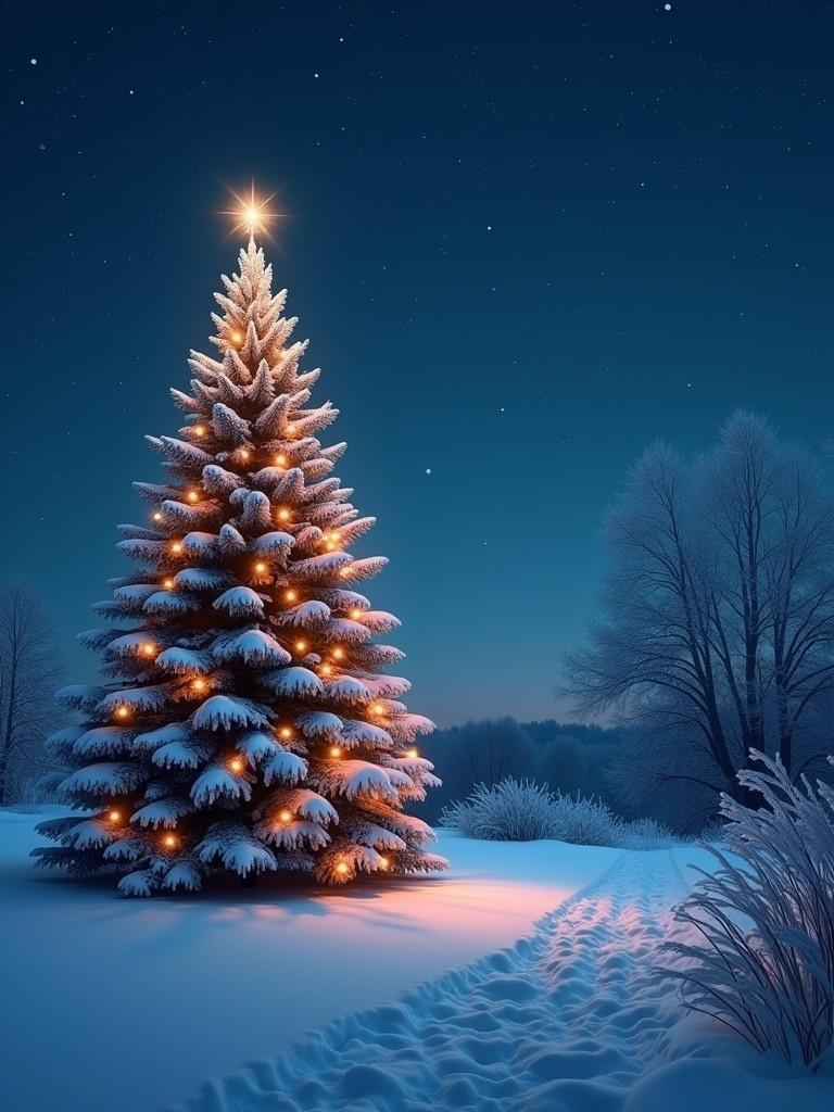 Beautifully lit Christmas tree stands in a snow-covered landscape. Night sky sparkles with stars. Soft glowing lights adorn the tree. Snow blankets the ground. Trees frame the scene under the twilight sky.