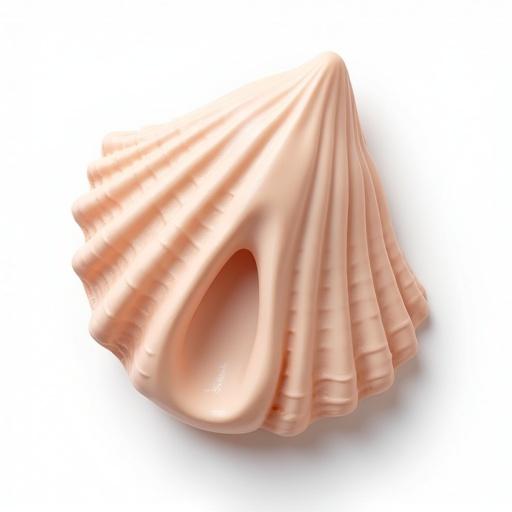 A seashell designed in 3D claymation style. The background is clean and white, emphasizing the shell's shape and texture.