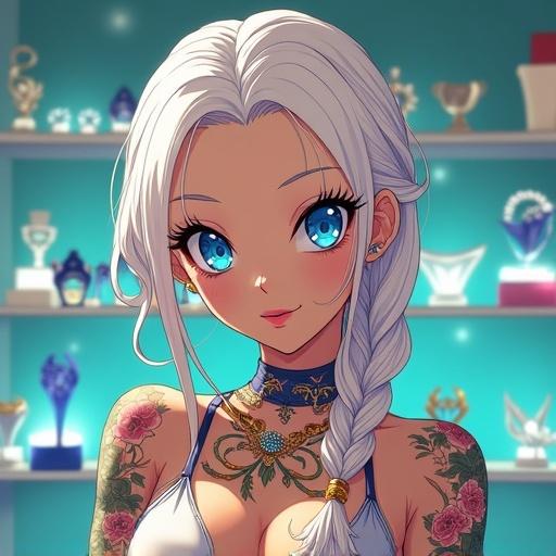 Anime style woman with blue eyes and light blonde braid. She has colorful tattoos and is inside a jewelry shop. Wearing sheer printed streetwear and blue diamond sunglasses. Muscular arms and 6 pack abs with a double belly button ring.