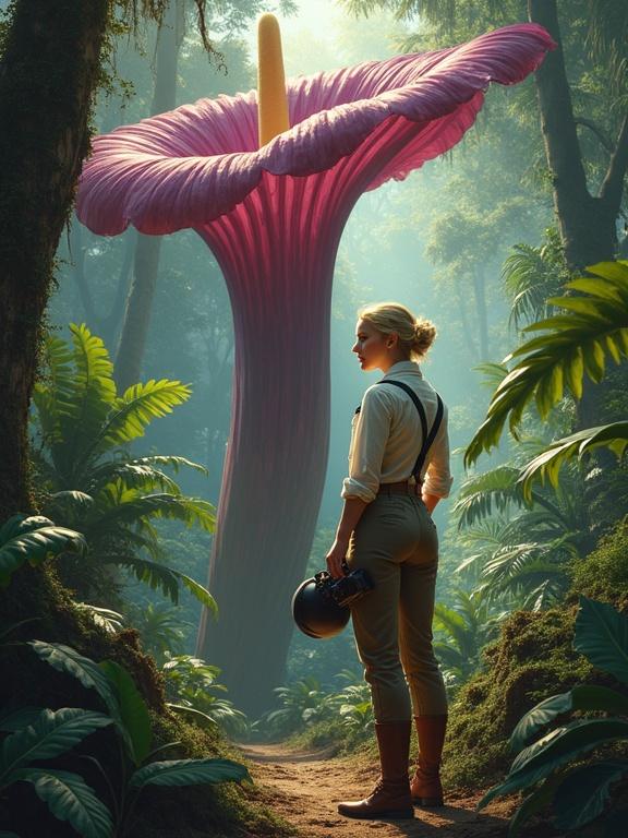 Digital illustration of a Dutch botanist in the jungle with a Titan Arum flower. Botanist in explorer attire with an old Leica camera. Surrounded by dense tropical vegetation and sunlight filtering through leaves. Focused expression looking at the flower. Humid atmosphere with earthy tones.