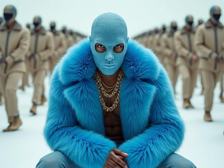 A man sits with confidence wearing a blue fur coat. His head is zoomed in revealing details of his mask and gold chains. The background features beige-suited figures. The atmosphere feels isolating yet empowering. Lighting highlights textures and creates tension.
