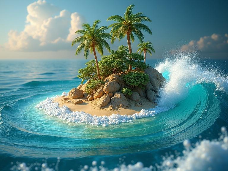3D representation of a tropical island surrounded by a vibrant ocean. Features golden detailing, sparkling waves, and a radiant atmosphere. Ethereal and enchanting scenery with intricate elements.