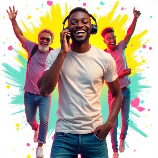 Cheerful young man from Trinidad in foreground wearing t-shirt jeans and headphones holding phone to ear smiling as making call. In background joyful middle-aged father from Trinidad celebrating with arms raised. Background colorful with abstract neon brush strokes and confetti-like elements in yellow pink and turquoise tones. Overall style dynamic and modern with bold comic-book digital art look perfect for festive Father's Day radio promotion.