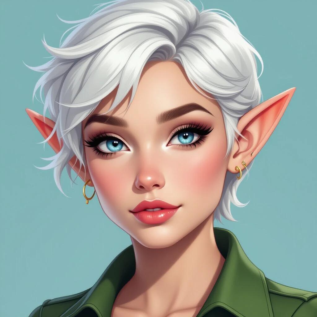 High-quality portrait of an elf with pale skin and white pixie hair. Features include blue narrow eyes. The style is comic book with smooth lines and shading using soft lighting.