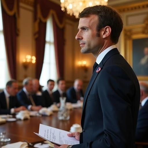 Official press photo of President Macron at Élysée Palace cabinet meeting. President stands before gilded mirrors in Salon Doré. Dark suit worn with tricolor lapel pin. Holding annotated documents. Ministers seated at oval table with Republic insignia. Natural light from French windows mixed with chandelier glow.