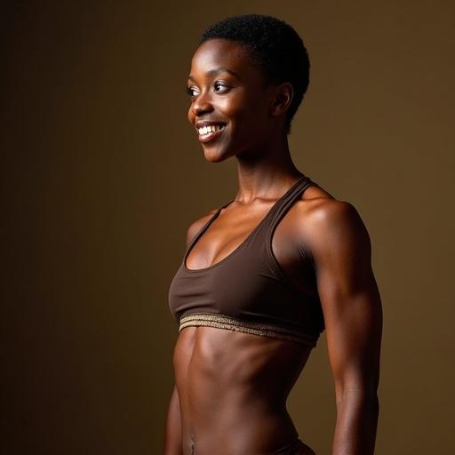 Portrait of a radiant African woman with a powerful athletic physique showcasing defined abs. Natural lighting enhances muscle definition. The subject has a broad, confident smile and perfect teeth. Short, curly natural hair with subtle golden highlights. Warm brown skin with a healthy glow. Standing confidently in a dynamic pose wearing minimalist earth-toned sportswear. Background features soft African-inspired patterns. Professional studio lighting with edge light illuminating muscle development. Captured with a Canon EOS R5 and 85mm lens in a photorealistic, high-detail, editorial fitness style.