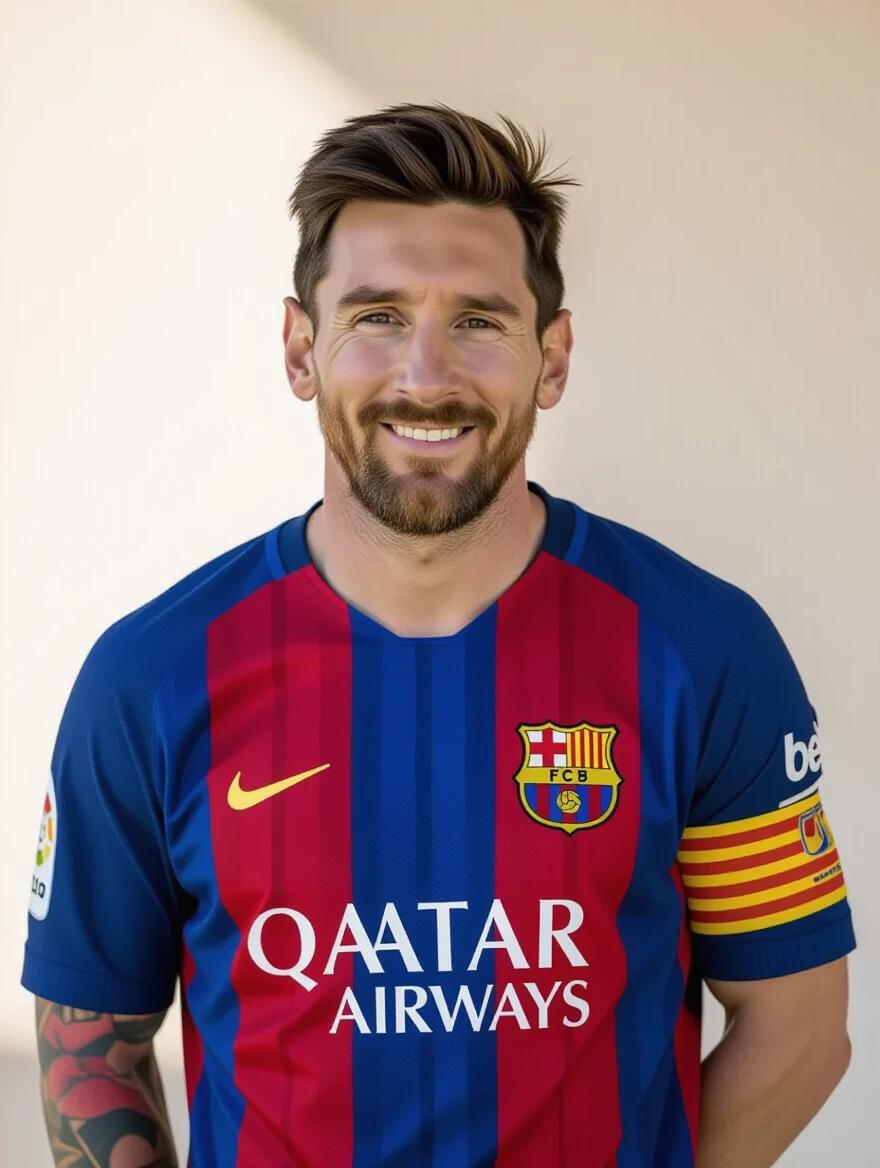 Realistic image of Lionel Messi standing front-facing in a strong relaxed pose. Friendly smile confident presence. Arms slightly bent at his sides. Background softly lit with a neutral cinematic tone. Warm lighting highlights his features upper body. High-resolution professional studio style realistic textures skin tones.