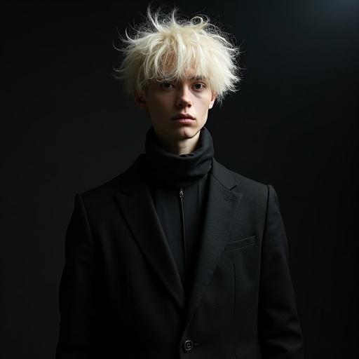 Studio photo of an androgynous humanoid. Features fuzzy hair. Light shines from above. Background is dark. Wearing a multilayered costume. Minimalistic presentation. Front view. Model is looking at the viewer.