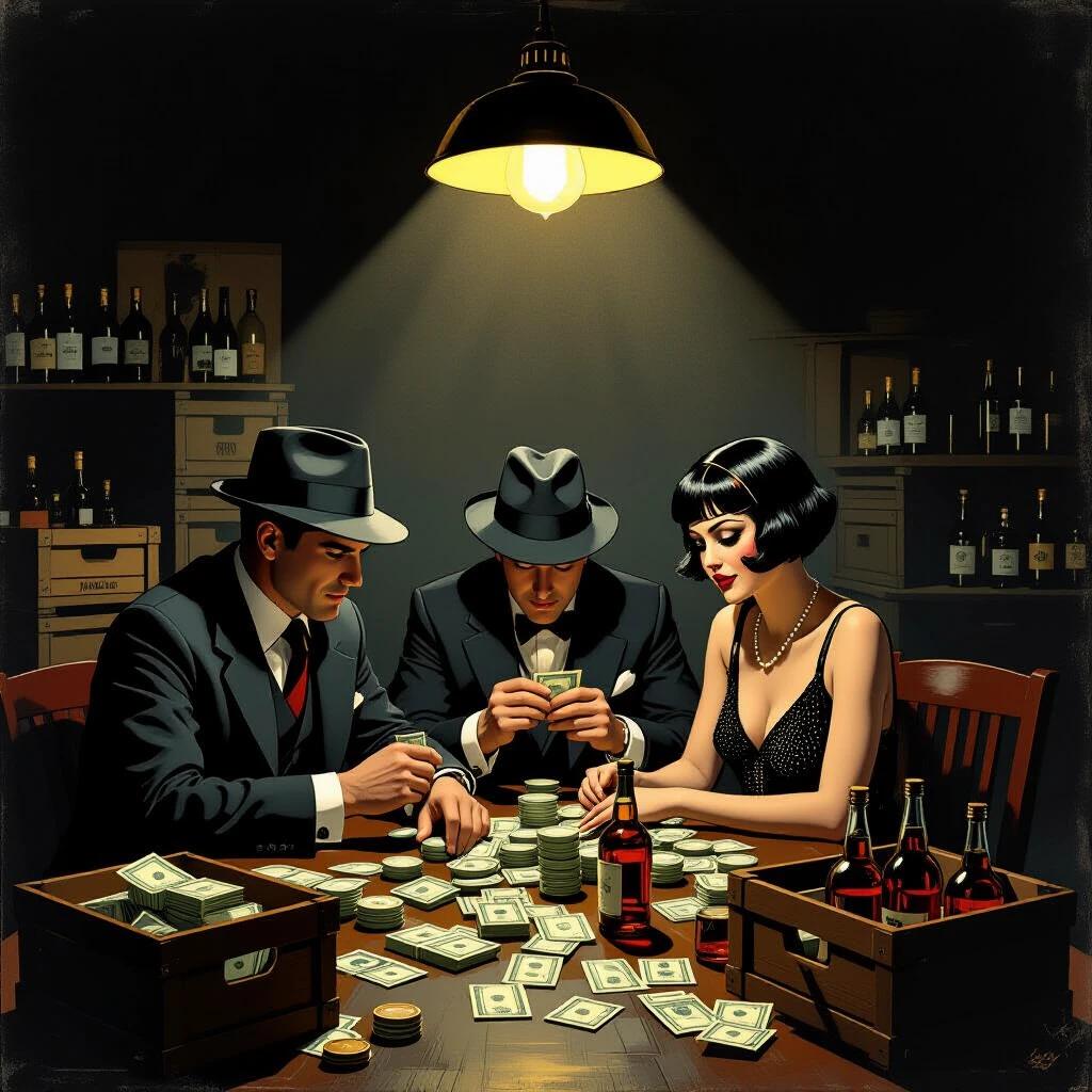 Mobsters in a speakeasy counting money. Crates of bootleg liquor in the background. Overhead light casting shadows. Short-haired flapper observes them. Gritty art deco style. Realistic illustration.