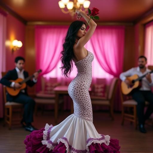 Tall stunning woman with exaggerated hourglass figure in a Flamenco dress. Smooth fair skin and long black hair. Dress is white with purple polka dots and burgundy ruffles. Holds a red rose and lifts her arms gracefully. Background is a warm pink room with musicians.