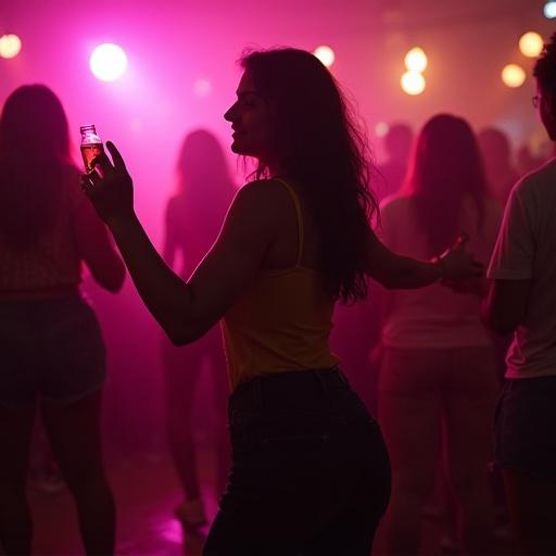 Women dancing in an Indian nightclub surrounded by young people. Full body visible. Realistic photo with realistic lighting. Beer bottle in hand.