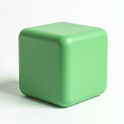 A 3D cube designed for children with a matte green surface is placed on a white background. Focus on its playful and simple design.