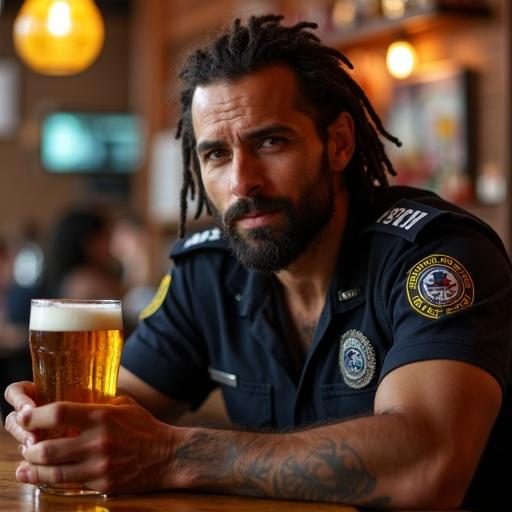 A muscular man in his 40s with dark dreadlocks and dark eyes. He is at a bar with a large glass of beer. The setting is warm and casual. The man looks sweaty and attractive, still in his uniform after work.
