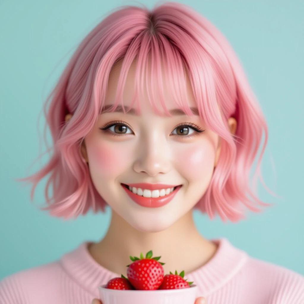 Closeup shot of girl with short pink hair. Background in soft pink tones. Girl holding a bowl of fresh strawberries. Emphasizes cuteness and playful aesthetics.