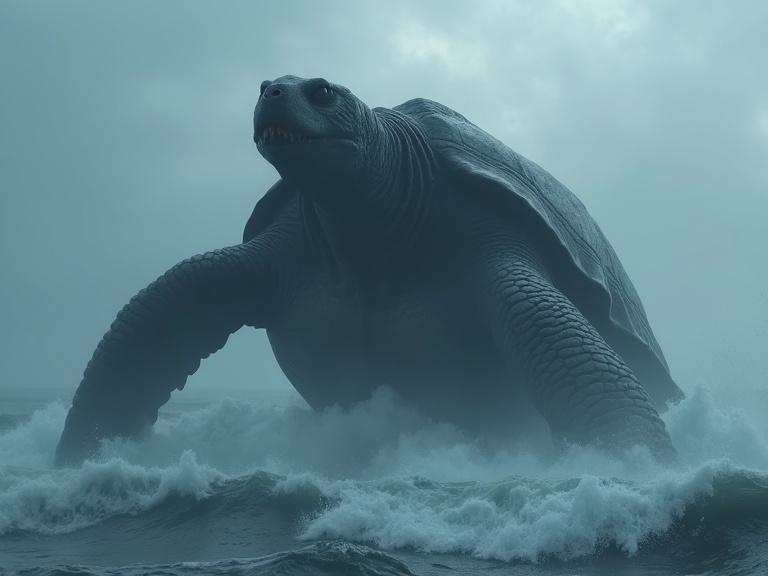 A huge dark turtle rises from the ocean with its thick textured shell and tusks visible. The scene is shrouded in mist and rain, with turbulent waves crashing around it. The mood is dark and cinematic, emphasizing the turtle's massive size against a stormy background.