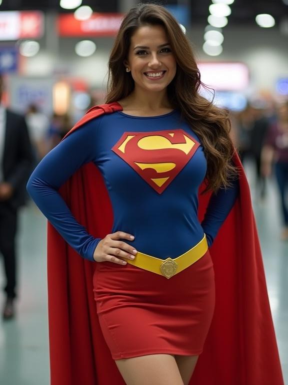 Mother in superhero costume at comic convention, showing neckline, curves, wearing mini skirt, bright colors
