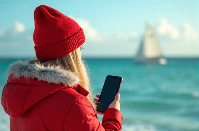 A person wearing a red jacket and hat stands by the sea, holding a phone, with a blurred sailboat in the background.