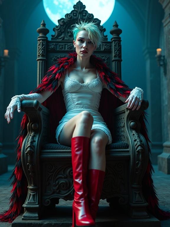Photography of a dramatic portrait featuring a punk-inspired vampire queen on a gothic throne in a dimly lit chamber. The vampire wears a white leather mini-dress and bold red boots. A crimson and black feather cape flows behind her. Short rainbow-hued hair styled spiky. A sly smile reveals pointed teeth. The atmosphere is dark and mystical, captured in high-definition detail.