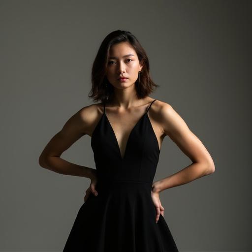 A woman in a black dress standing confidently against a dark background. She has long hair and poses with one hand on her hip. The lighting highlights her features and creates a soft shadow.