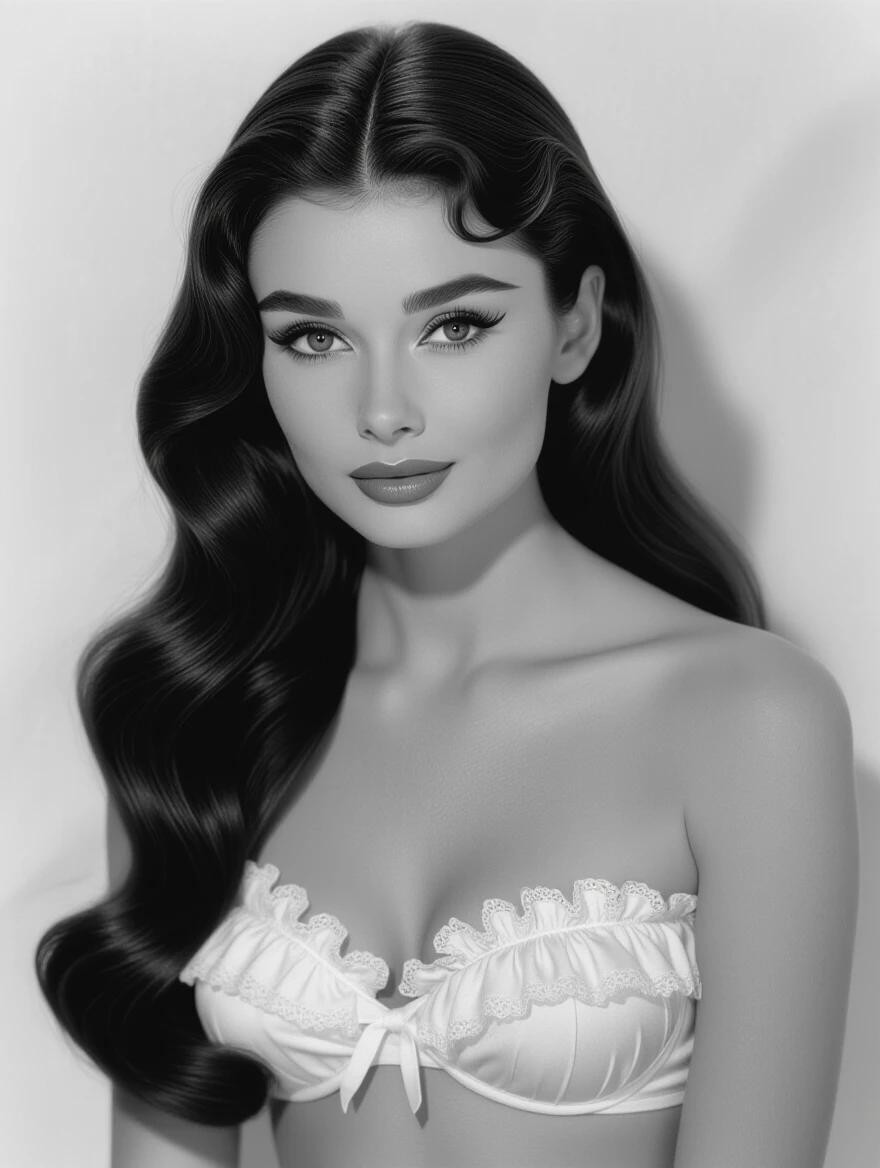 Image inspired by an old photograph. Subject in a frilly Victorian bikini. Long brunette hair styled elegantly. Evocative makeup with perfect eyebrows and false eyelashes. Black and white color scheme. Soft lighting creates depth.
