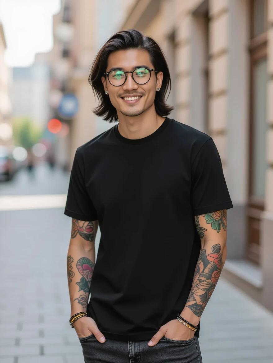 Young stylish Asian man wearing a plain black T-shirt standing casually in an urban setting. The man has long black hair and both arms feature colorful tattoos. The scene captures a soft daylight atmosphere with a blurred city background.
