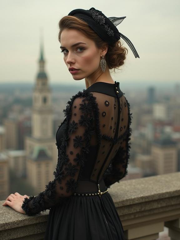 A portrait of a woman in a 1920s catsuit. The background features a cityscape. The woman looks elegant and stylish. The setting captures a vintage aesthetic with a modern twist.