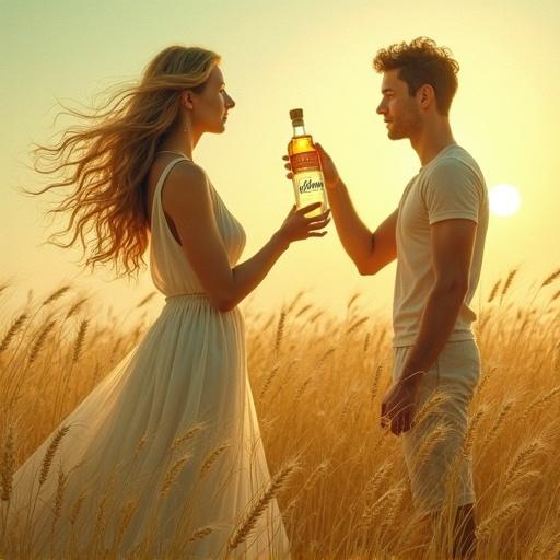 A modern Venus goddess in her thirties stands in a field of golden barley. She holds a lower apothecary-style bottle of 'ALFRUNO' elixir. The bottle radiates a golden glow. She toasts with a partner holding a cocktail glass. The scene has soft, ethereal light and gentle breezes. The style is watercolor, inspired by Alphonse Mucha and WLOP, featuring greens, golds, and earthy tones for tranquility and beauty.