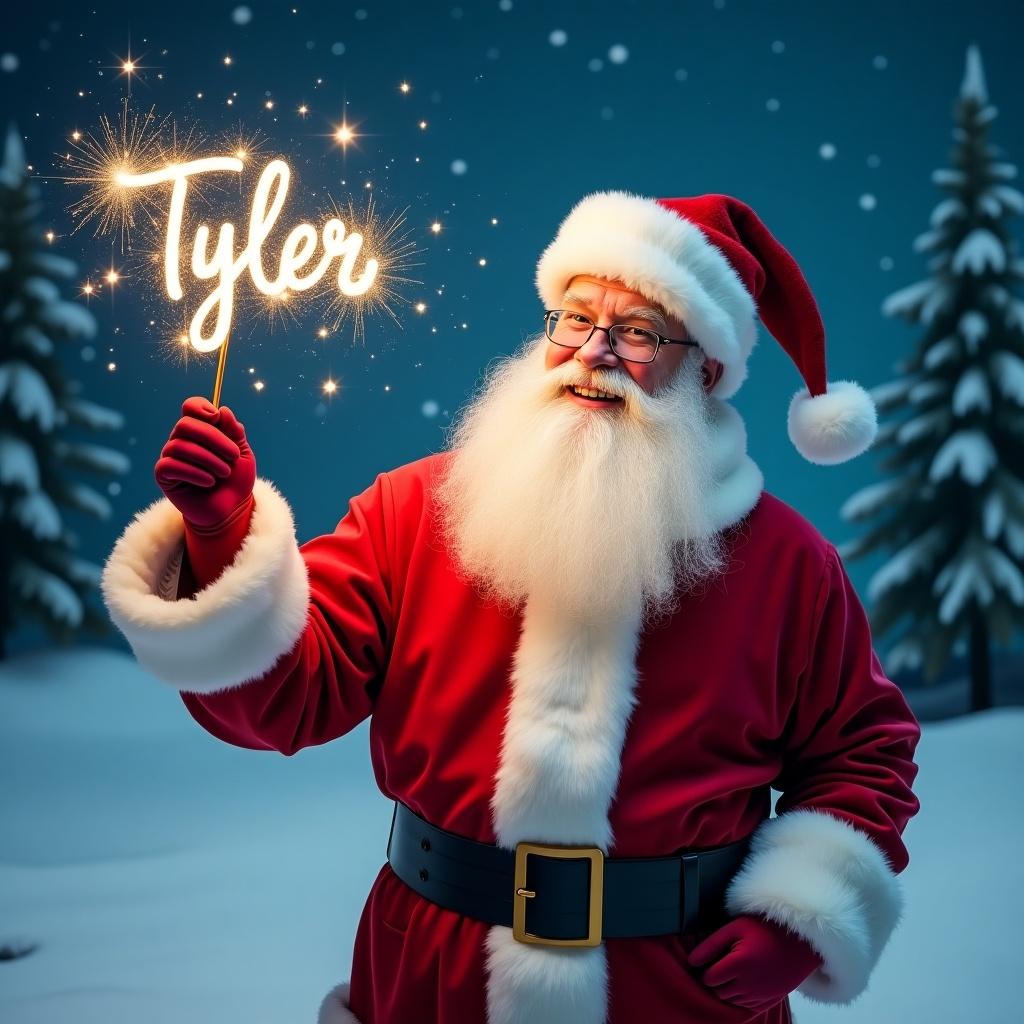 A jolly Santa Claus in snowy landscape holds a magical wand shining with sparks spelling Tyler. Dressed in classic red suit with white fur trim and matching hat. Eyes twinkle with joy while writing names in the sky. Behind, snowy scene features evergreen trees and starry night sky. Atmosphere is festive and magical for holiday season.