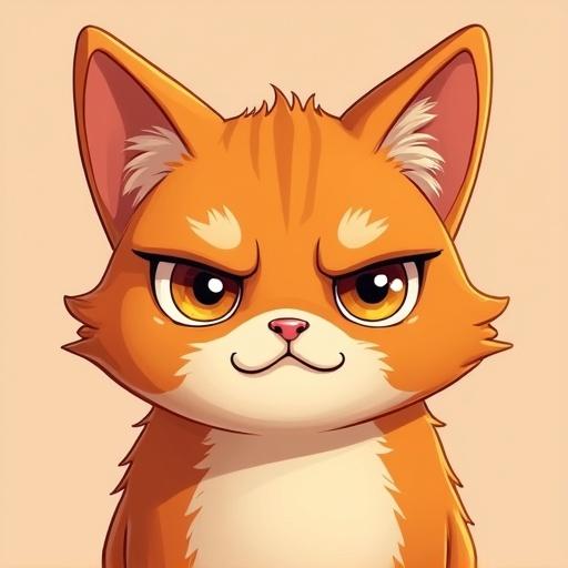 Social media avatar with a pure ginger cat. Cat has a grumpy expression with glaring amber eyes. Ears are flattened back and a mischievous smirk is present. Fur is vibrant orange with a solid color background. Stylized cartoon portrait suitable for profile picture.
