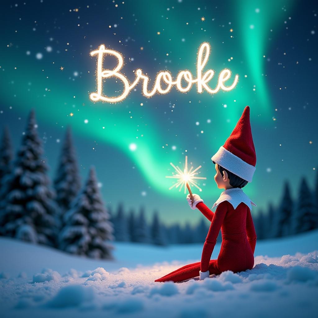 The image features an elf on the shelf sitting in a winter wonderland. The elf is turned away from the viewer, gazing at a sky illuminated by northern lights. Using a magical wand, the elf writes names in sparkling light above. The ground is covered in soft snow, and evergreen trees add to the festive backdrop. This whimsical scene embodies the magic of Christmas, creating a joyful atmosphere.