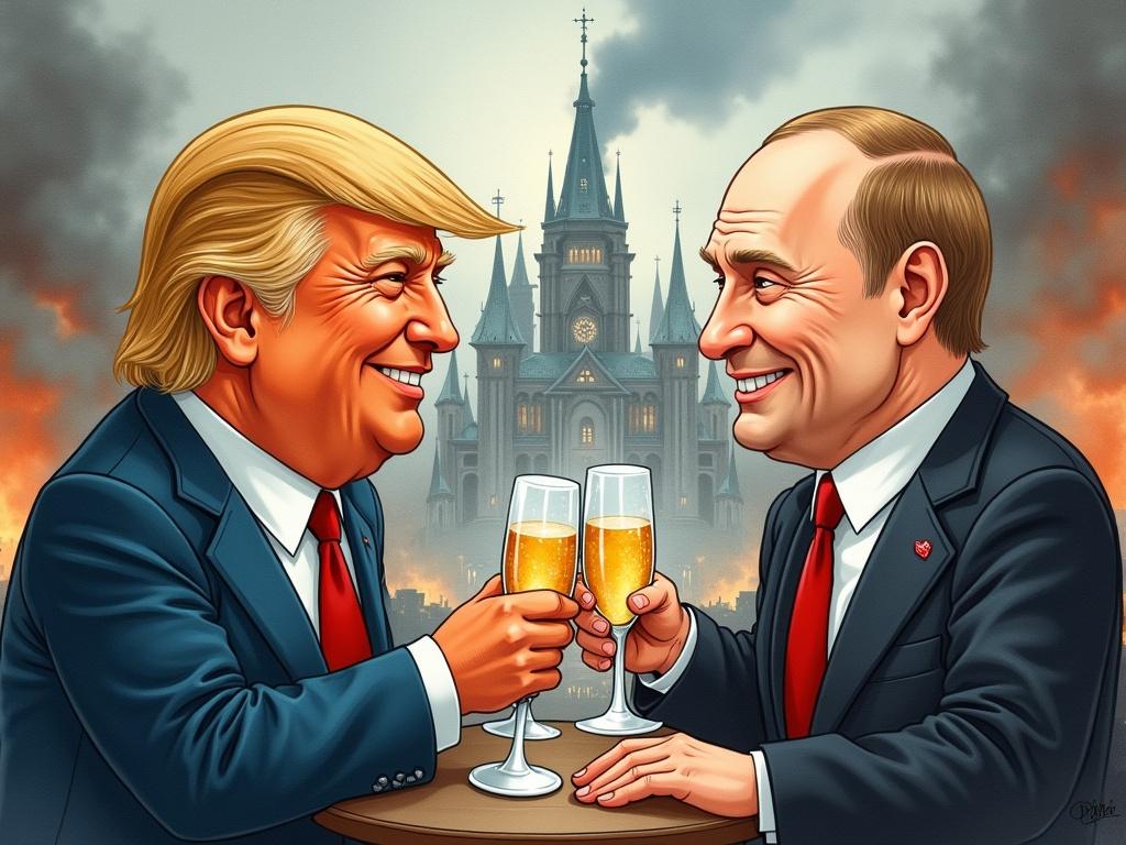 Ghibli-style cartoon featuring Donald Trump and Vladimir Putin smiling while toasting champagne. Background shows a destroyed city of Kiev. Dark steampunk fantasy theme with watercolor style.
