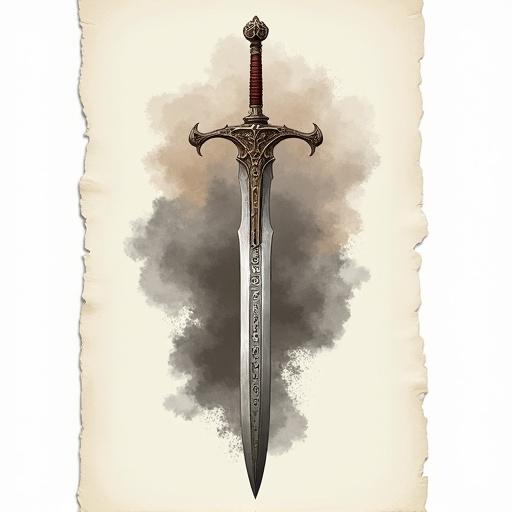 Digital illustration showing an ornate greatsword. The sword has a long steel blade and dark runes. Linework is clean and gradient shading is applied. The background is off-white paper with a charcoal grey watercolor wash behind it.