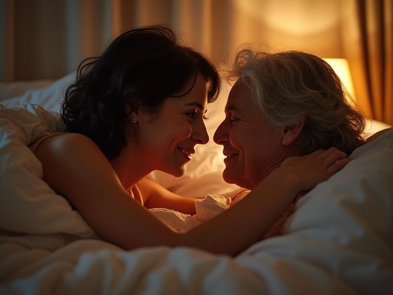 Warm intimate moment between a woman in her 50s and her male partner in softly lit bedroom. They lie together in gentle embrace sharing a gaze conveying tenderness and understanding. Calm atmosphere focusing on emotional connection and closeness.