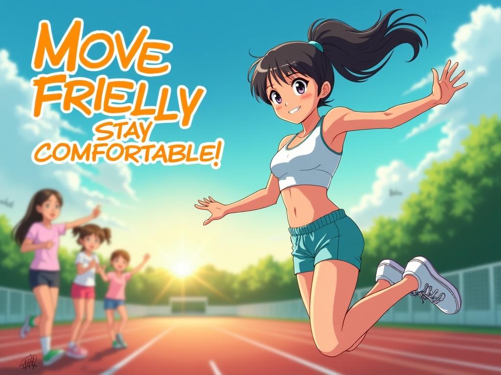 Anime advertisement featuring a cheerful girl wearing sporty underwear. She is mid-jump showing a dynamic pose. Background is a school track field during sunset with friends cheering. Text promotes freedom of movement and comfort. Bright and lively colors used.