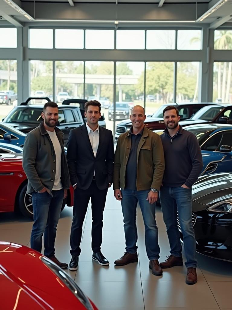 Group of men stands confidently with luxury cars in a spacious dealership. High-end sports cars and trucks are nearby. Large glass windows let in natural light.