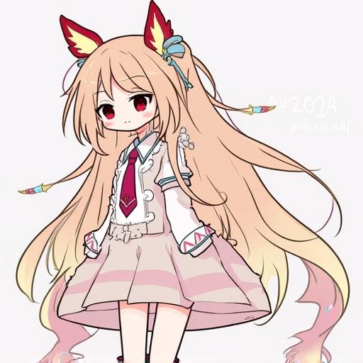 A personification of a silkworm character. Character features cute traits with fox ears, long flowing hair, and a playful expression. The outfit is colorful with unique patterns that reflect a whimsical character. The overall design is creative with an entertaining flair.
